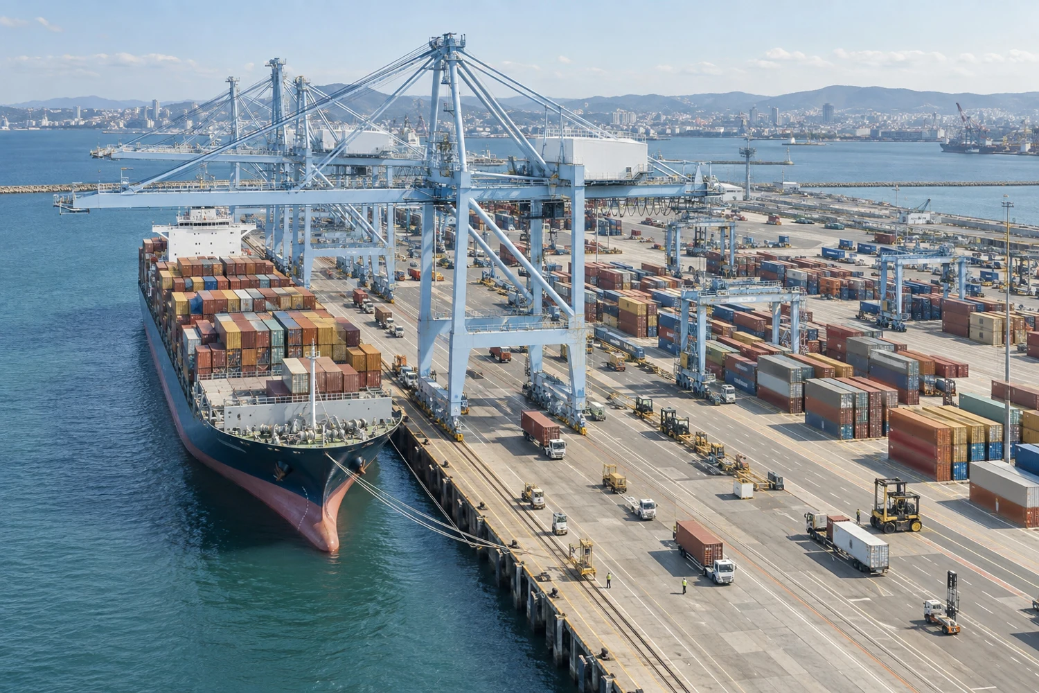 Illustrative panoramic view of a cargo vessel, cranes and a working container terminal